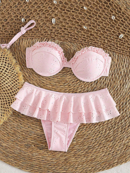 2pcs/Set Sexy Romantic White Bikini Set- Lace Trim Bandeau Top And High Waist Ruffle Skirt, Women Beach Swimwear Vacation Pink Summer