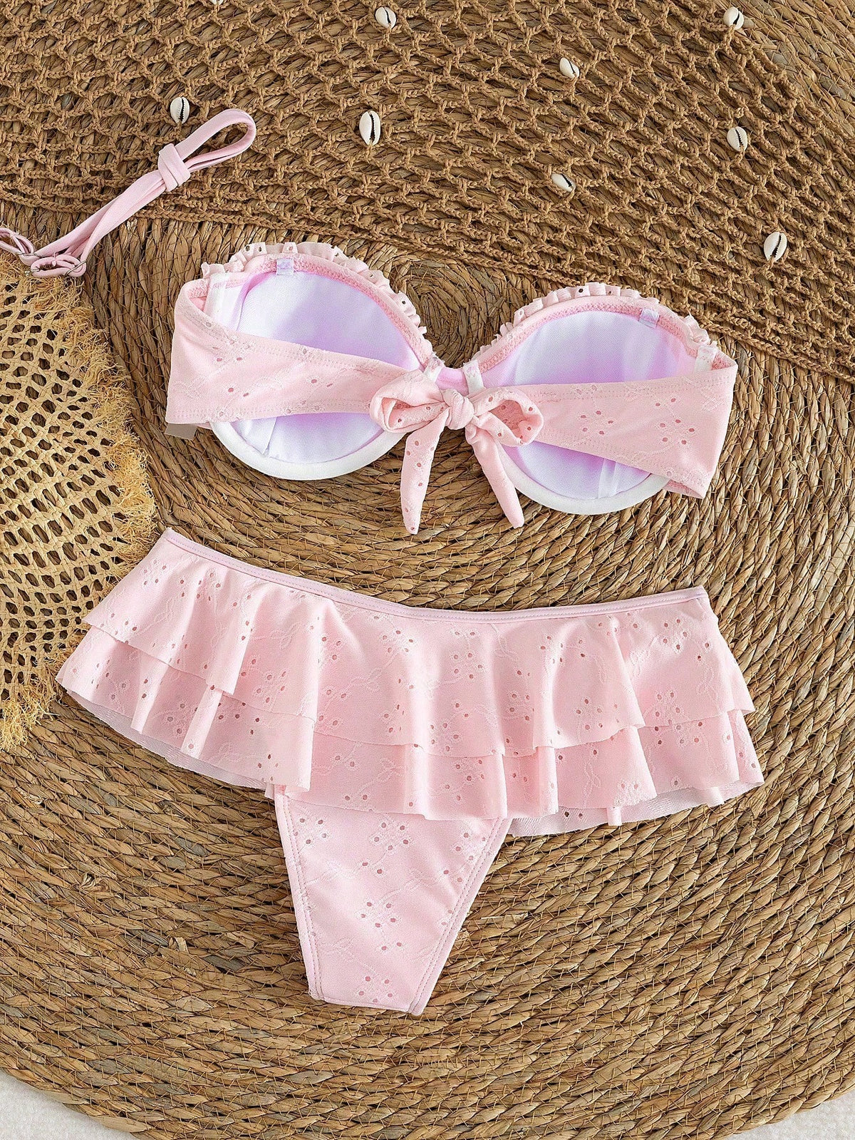 2pcs/Set Sexy Romantic White Bikini Set- Lace Trim Bandeau Top And High Waist Ruffle Skirt, Women Beach Swimwear Vacation Pink Summer