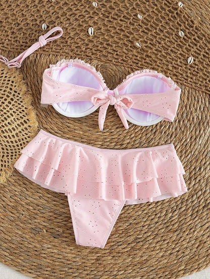 2pcs/Set Sexy Romantic White Bikini Set- Lace Trim Bandeau Top And High Waist Ruffle Skirt, Women Beach Swimwear Vacation Pink Summer