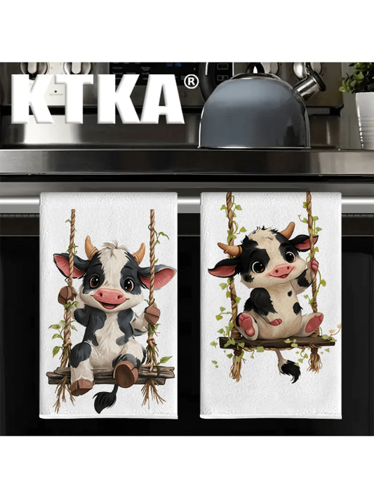 2pcs Set Thanksgiving Cute Cow Print Kitchen Dish Towels, Country Farm Animal Napkins, Soft Absorbent Handkerchiefs, Suitable For Autumn Home Decor And Holiday Gifts