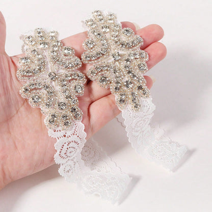 2pcs/Set Vintage Rhinestone Beaded Bridal Garter Set Romantic Lace Elastic Leg Band Ring For Women Wedding Accessories