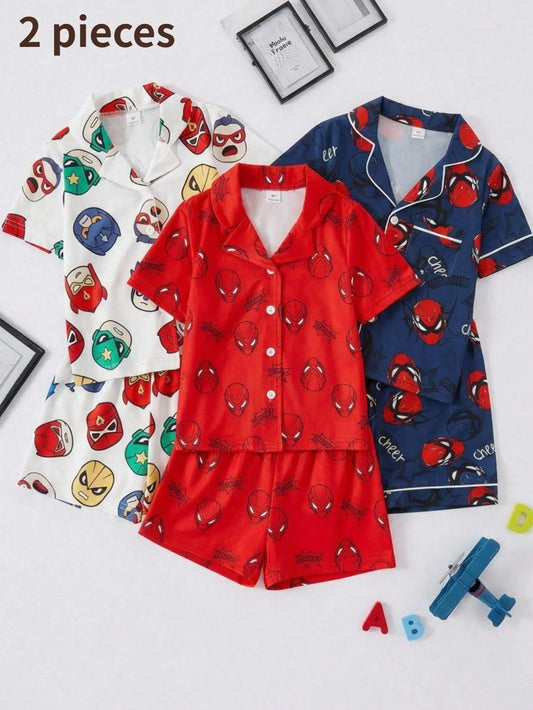 2pcs Young BoyWhite Superhero Mask Print Knit Polo Collar Short Sleeve Shorts Pajama Set, Made Of Comfortable Flame Retardant Fabric, Suitable For Boys' Casual Home Wear
