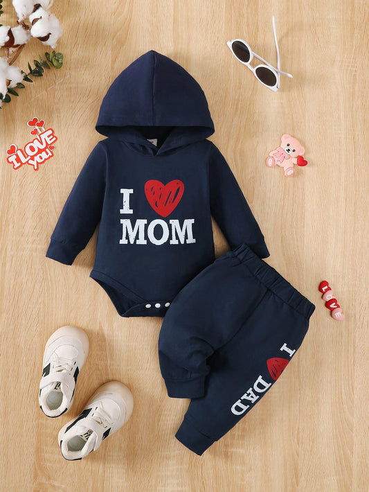 2pcs, Boby Boys Spring & Autumn New Baby Boy Cotton Soft Comfortable Cute Valentine's Day Letter & Graphic Print Long Sleeve Hooded Bodysuit & Pants Set, Baby Boy Clothes, Children Outfit Suitable For