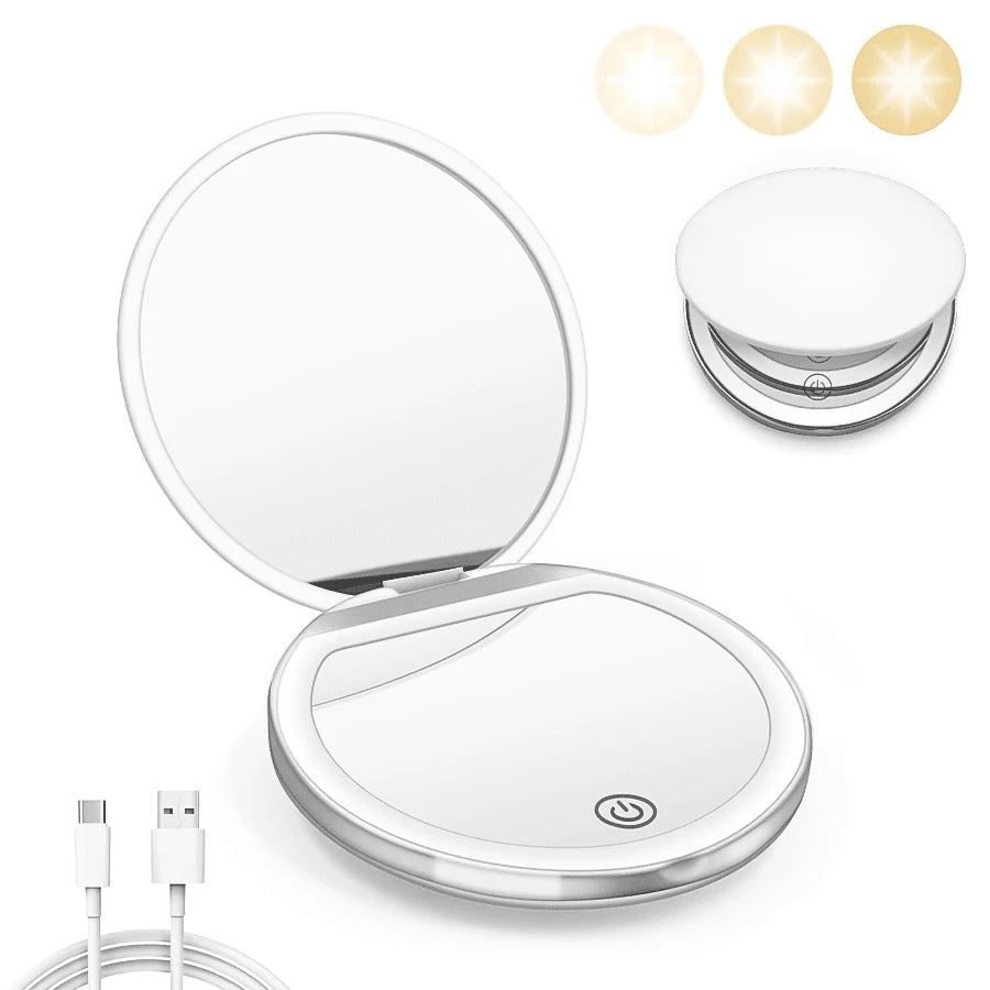 2X Magnifying Lighted Makeup Mirror, 3 Brightness Levels, Portable Foldable Round LED Mirror, 2X Single-Sided Magnification, Mini USB Rechargeable Illuminated Mirror, Unique Gift For Men And Women