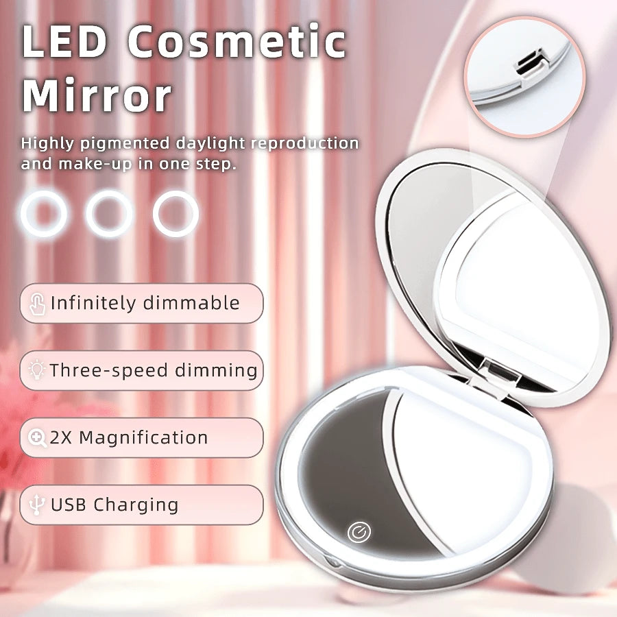 2X Magnifying Lighted Makeup Mirror, 3 Brightness Levels, Portable Foldable Round LED Mirror, 2X Single-Sided Magnification, Mini USB Rechargeable Illuminated Mirror, Unique Gift For Men And Women