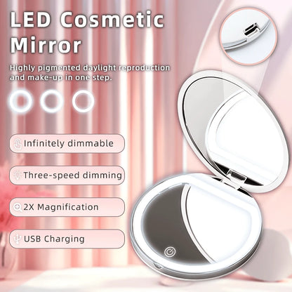 2X Magnifying Lighted Makeup Mirror, 3 Brightness Levels, Portable Foldable Round LED Mirror, 2X Single-Sided Magnification, Mini USB Rechargeable Illuminated Mirror, Unique Gift For Men And Women