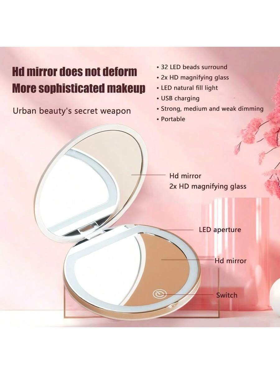 2X Magnifying Lighted Makeup Mirror, 3 Brightness Levels, Portable Foldable Round LED Mirror, 2X Single-Sided Magnification, Mini USB Rechargeable Illuminated Mirror, Unique Gift For Men And Women