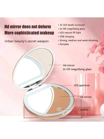 2X Magnifying Lighted Makeup Mirror, 3 Brightness Levels, Portable Foldable Round LED Mirror, 2X Single-Sided Magnification, Mini USB Rechargeable Illuminated Mirror, Unique Gift For Men And Women