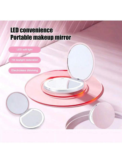 2X Magnifying Lighted Makeup Mirror, 3 Brightness Levels, Portable Foldable Round LED Mirror, 2X Single-Sided Magnification, Mini USB Rechargeable Illuminated Mirror, Unique Gift For Men And Women
