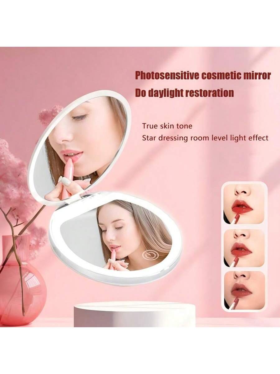 2X Magnifying Lighted Makeup Mirror, 3 Brightness Levels, Portable Foldable Round LED Mirror, 2X Single-Sided Magnification, Mini USB Rechargeable Illuminated Mirror, Unique Gift For Men And Women