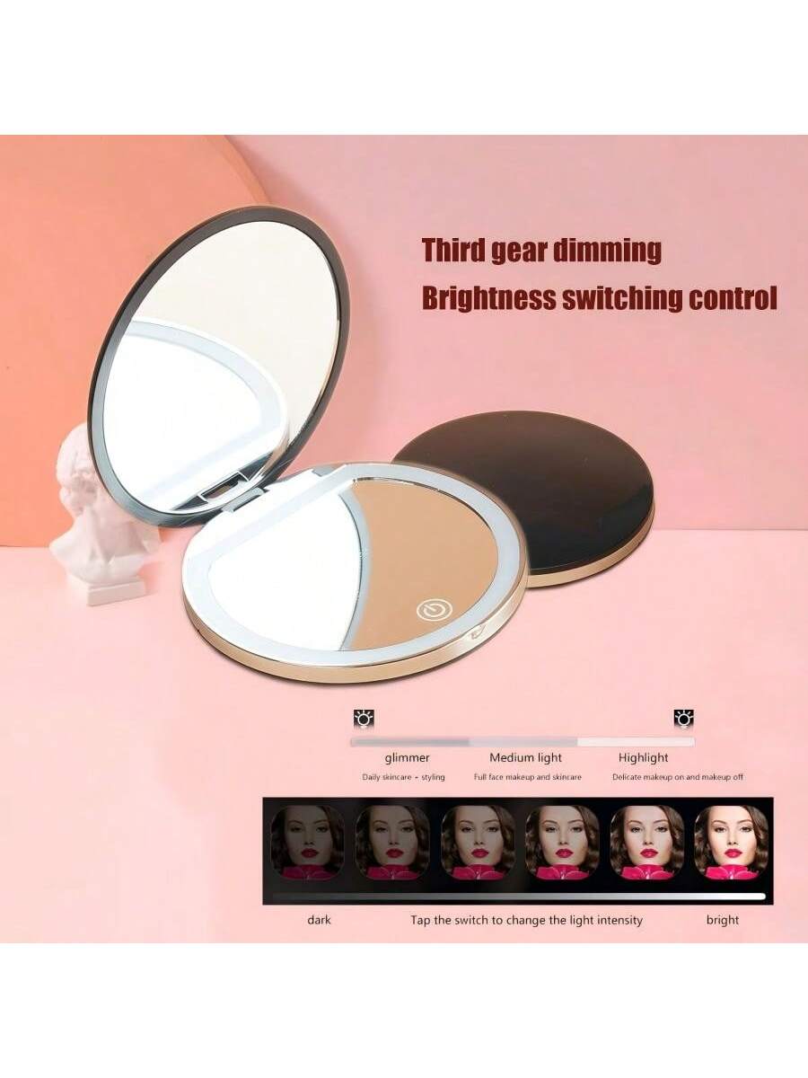 2X Magnifying Lighted Makeup Mirror, 3 Brightness Levels, Portable Foldable Round LED Mirror, 2X Single-Sided Magnification, Mini USB Rechargeable Illuminated Mirror, Unique Gift For Men And Women
