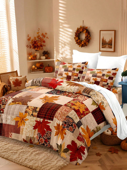 3-Piece Autumn Maple Leaf Patchwork Duvet Cover Set (1 Duvet Cover + 2 Pillowcases, No Inserts), Vintage Plaid Patchwork Quilted Bedding, Country Style, Suitable For All Seasons, Ideal For Hotel, Bedr