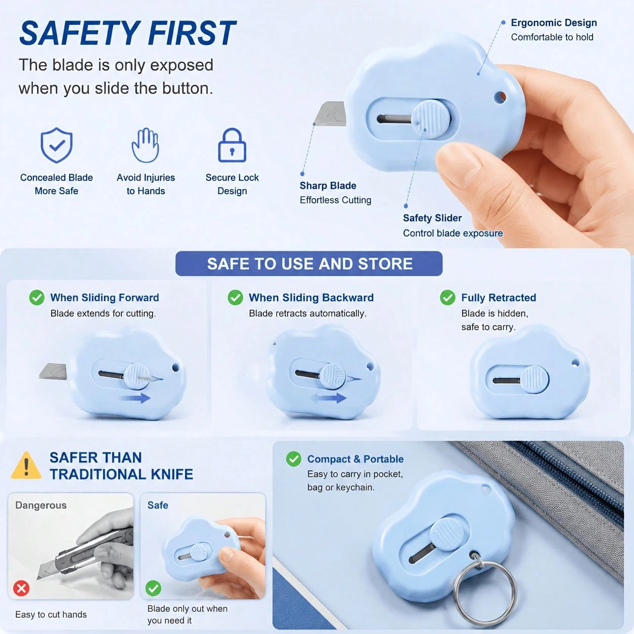 3-Piece Portable Mini Box Cutter Set- Sliding Utility Knife With Retractable Blade, Perfect For Opening Packages, Tape, And Letters, Lightweight Handheld Cutting Tool