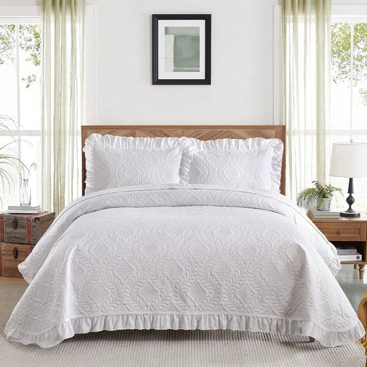 3 Pieces White Queen King Size Quilt Set, Ruffled Quilt Bedding Set Bedspreads- Lightweight Bedspreads & Coverlets Bedding Cover All Season Use Bed Decor,Wedding Items,Valentines Day Home Bed Room D