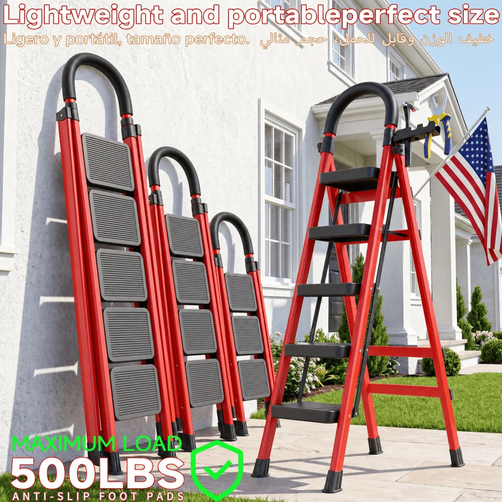 350lbs Load-Bearing Folding Step Ladder, Heavy-Duty Steel Portable Ladder With Anti-Slip Wide Treads, Convenient Handrails & Safety Lock Design, Sturdy Step Stool For Home, Kitchen, Garage & Office Us
