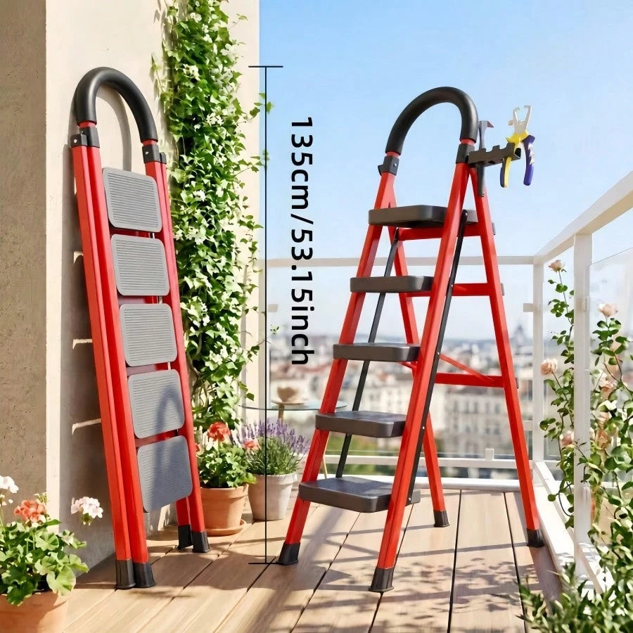 350lbs Load-Bearing Folding Step Ladder, Heavy-Duty Steel Portable Ladder With Anti-Slip Wide Treads, Convenient Handrails & Safety Lock Design, Sturdy Step Stool For Home, Kitchen, Garage & Office Us