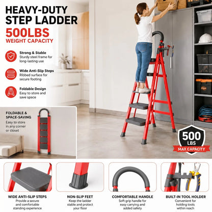 350lbs Load-Bearing Folding Step Ladder, Heavy-Duty Steel Portable Ladder With Anti-Slip Wide Treads, Convenient Handrails & Safety Lock Design, Sturdy Step Stool For Home, Kitchen, Garage & Office Us