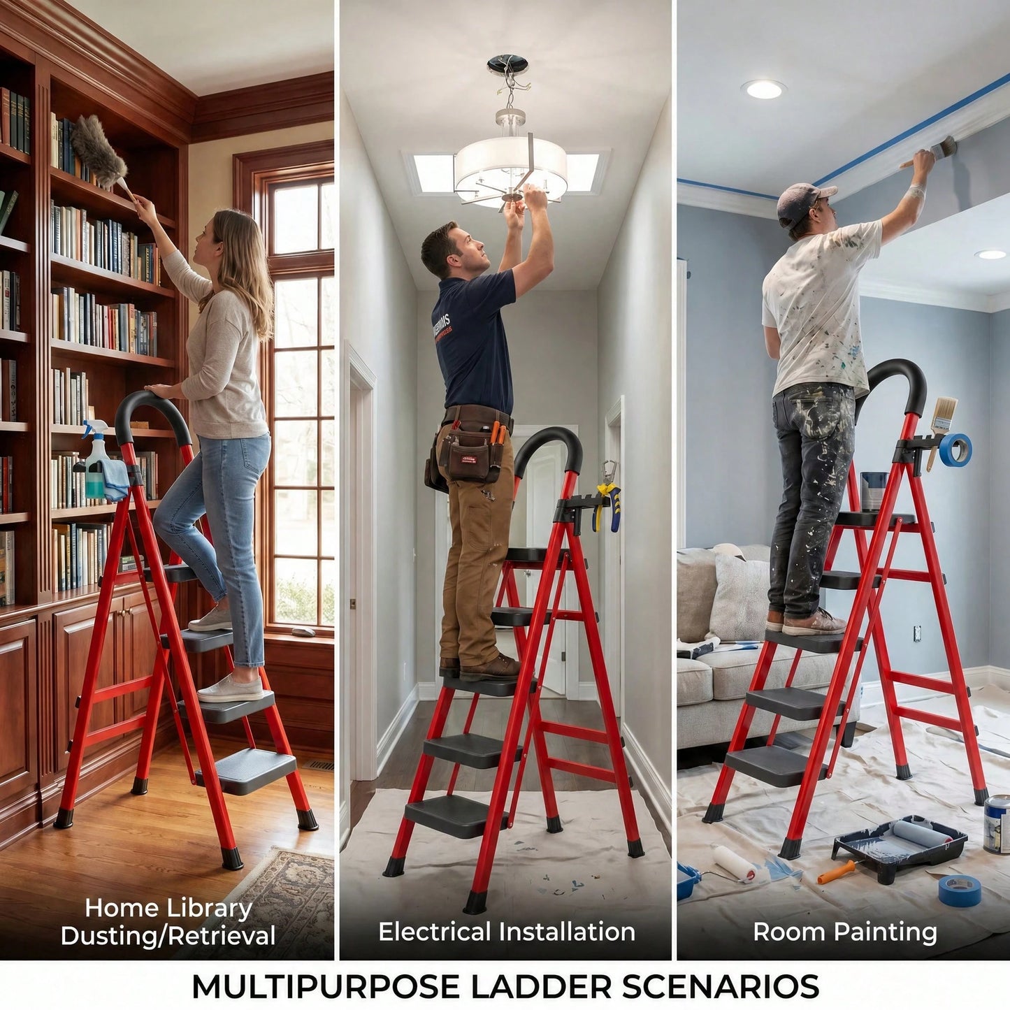 350lbs Load-Bearing Folding Step Ladder, Heavy-Duty Steel Portable Ladder With Anti-Slip Wide Treads, Convenient Handrails & Safety Lock Design, Sturdy Step Stool For Home, Kitchen, Garage & Office Us