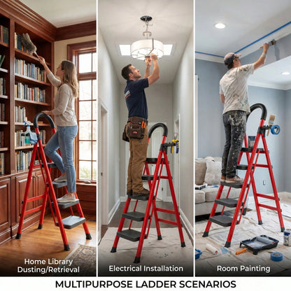 350lbs Load-Bearing Folding Step Ladder, Heavy-Duty Steel Portable Ladder With Anti-Slip Wide Treads, Convenient Handrails & Safety Lock Design, Sturdy Step Stool For Home, Kitchen, Garage & Office Us