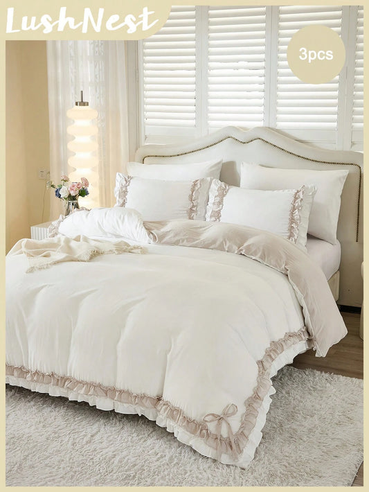 3pcs Cute Bow Ruffled Duvet Cover Set (1 Duvet Cover + 2 Pillow Shams, Comforter Not Included), Vintage Elegant Style Bedding, Bedroom & Room Decor, Ideal Gift, Shabby Chic Home Textile