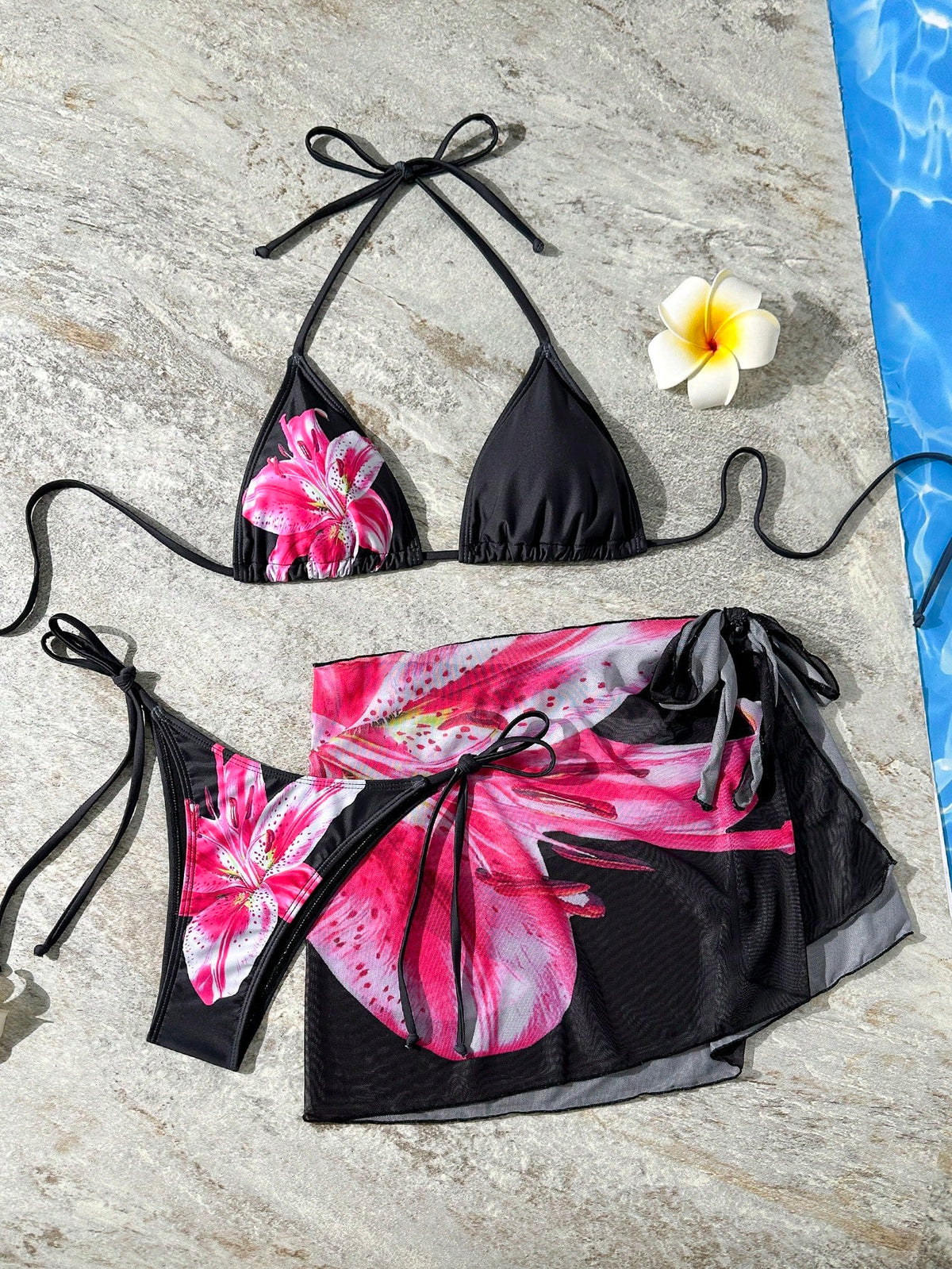 3pcs Floral Ombre Print Bikini Set For Women, Adjustable Bikini Top, Tie Side Bottom, And High Coverage Skirt For Beach & Party Vacation Black Summer