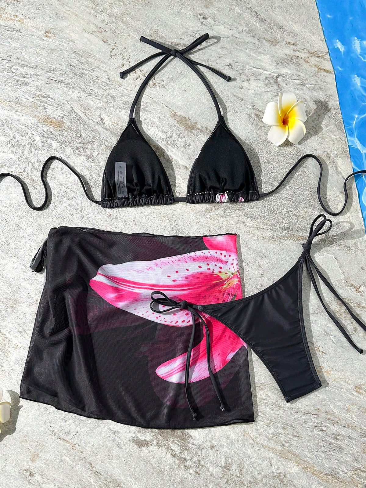 3pcs Floral Ombre Print Bikini Set For Women, Adjustable Bikini Top, Tie Side Bottom, And High Coverage Skirt For Beach & Party Vacation Black Summer