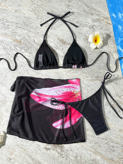 3pcs Floral Ombre Print Bikini Set For Women, Adjustable Bikini Top, Tie Side Bottom, And High Coverage Skirt For Beach & Party Vacation Black Summer