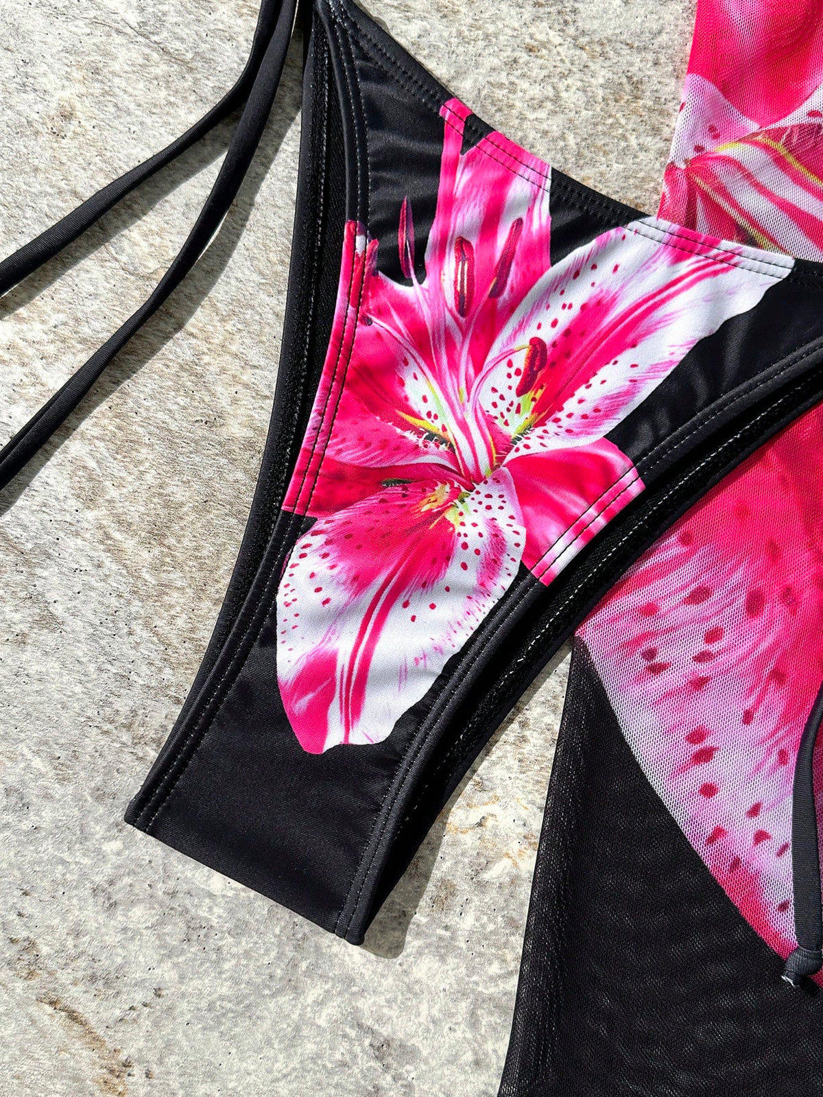 3pcs Floral Ombre Print Bikini Set For Women, Adjustable Bikini Top, Tie Side Bottom, And High Coverage Skirt For Beach & Party Vacation Black Summer
