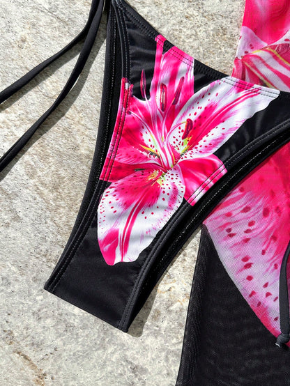 3pcs Floral Ombre Print Bikini Set For Women, Adjustable Bikini Top, Tie Side Bottom, And High Coverage Skirt For Beach & Party Vacation Black Summer
