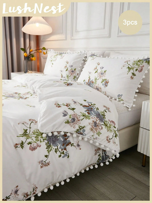 3pcs Floral Pattern Duvet Cover Set, With Pom Pom Tassel, Botanical Flower Pattern Bedding Set, Ruffle Trim, Soft Microfiber, Farmhouse Style Duvet Cover, 1 Duvet Cover, 2 Pillow Shams, Comforter Not