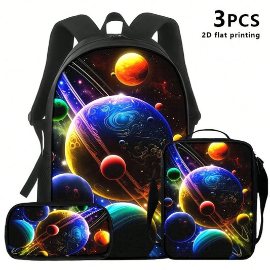 3pcs Polyester Backpack Set, Colorful Galaxy Planets And Cosmic Space Graphic, Includes Durable Large-Capacity Bookpack & Insulated Lunch Bag & Multi-Functional Pencil Case, Adjustable Strap And Zippe
