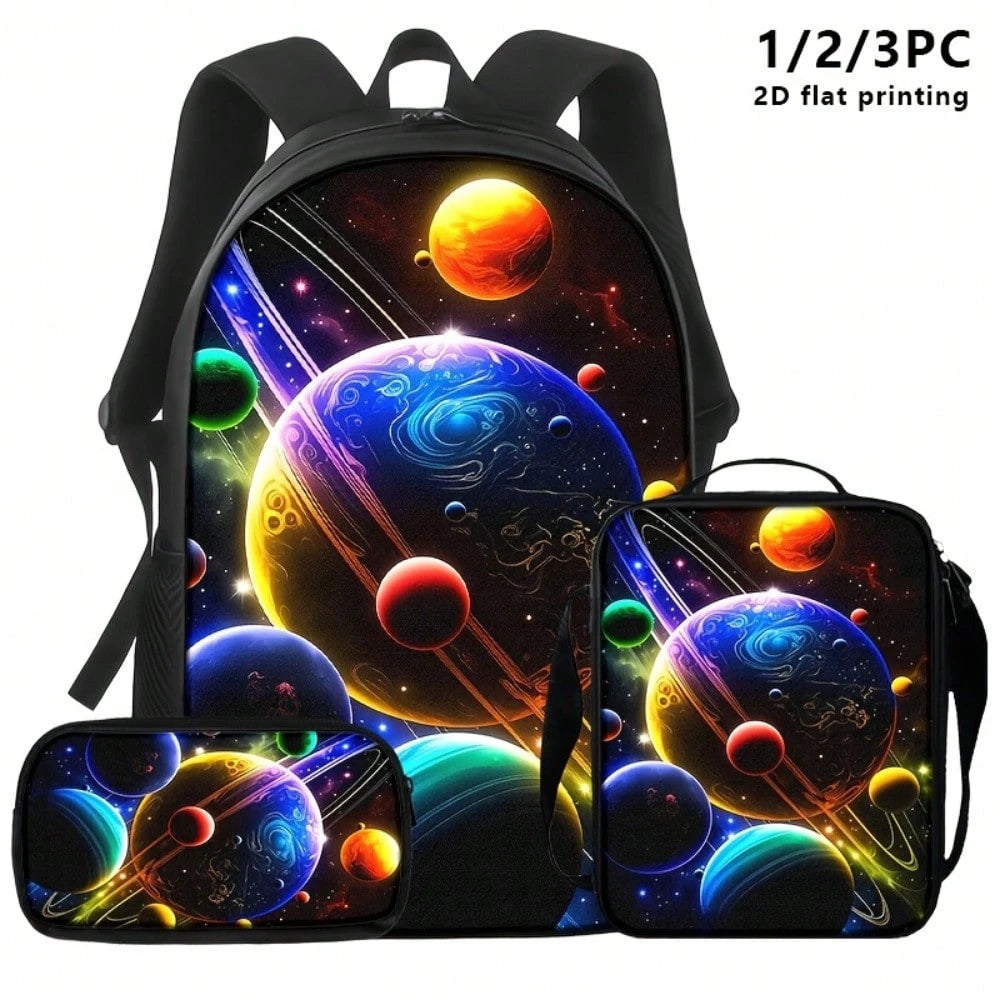 3pcs Polyester Backpack Set, Colorful Galaxy Planets And Cosmic Space Graphic, Includes Durable Large-Capacity Bookpack & Insulated Lunch Bag & Multi-Functional Pencil Case, Adjustable Strap And Zippe