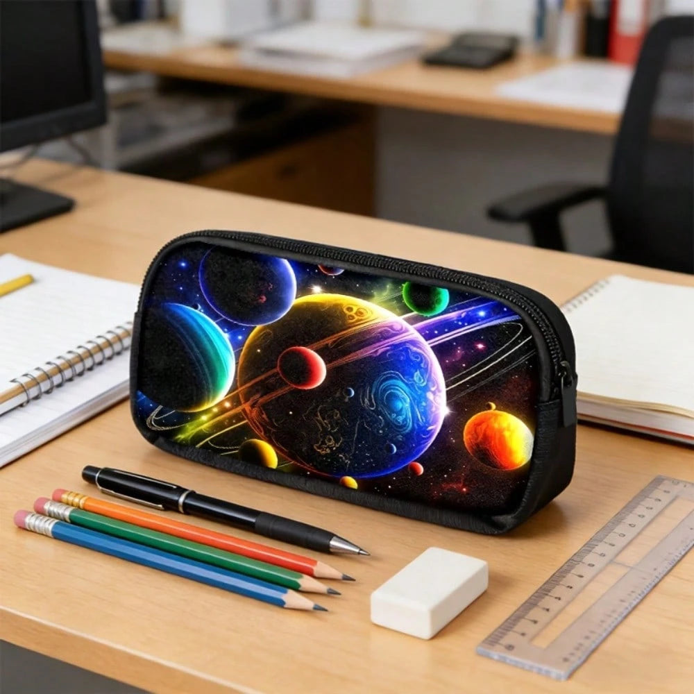 3pcs Polyester Backpack Set, Colorful Galaxy Planets And Cosmic Space Graphic, Includes Durable Large-Capacity Bookpack & Insulated Lunch Bag & Multi-Functional Pencil Case, Adjustable Strap And Zippe