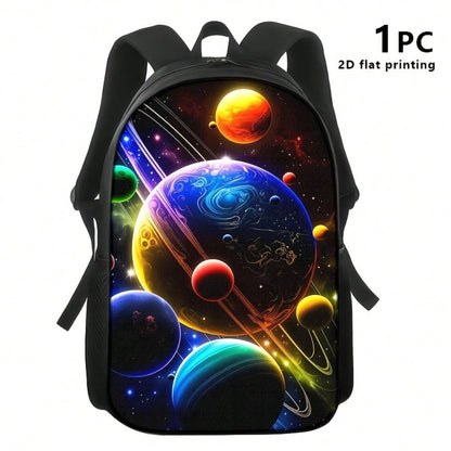 3pcs Polyester Backpack Set, Colorful Galaxy Planets And Cosmic Space Graphic, Includes Durable Large-Capacity Bookpack & Insulated Lunch Bag & Multi-Functional Pencil Case, Adjustable Strap And Zippe