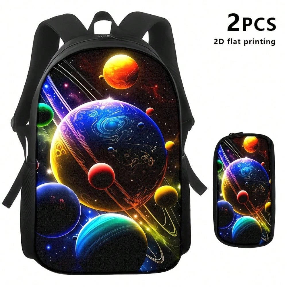 3pcs Polyester Backpack Set, Colorful Galaxy Planets And Cosmic Space Graphic, Includes Durable Large-Capacity Bookpack & Insulated Lunch Bag & Multi-Functional Pencil Case, Adjustable Strap And Zippe