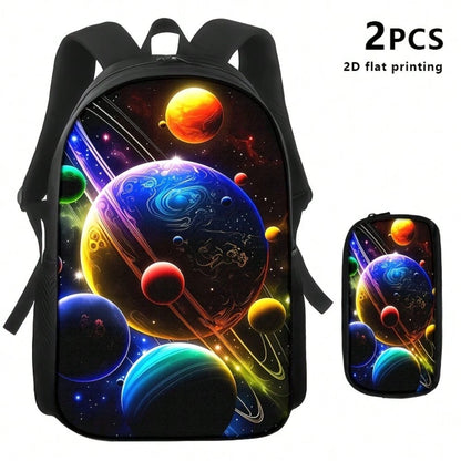 3pcs Polyester Backpack Set, Colorful Galaxy Planets And Cosmic Space Graphic, Includes Durable Large-Capacity Bookpack & Insulated Lunch Bag & Multi-Functional Pencil Case, Adjustable Strap And Zippe