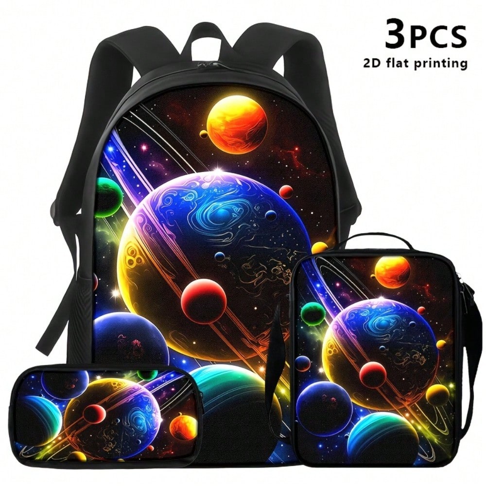 3pcs Polyester Backpack Set, Colorful Galaxy Planets And Cosmic Space Graphic, Includes Durable Large-Capacity Bookpack & Insulated Lunch Bag & Multi-Functional Pencil Case, Adjustable Strap And Zippe