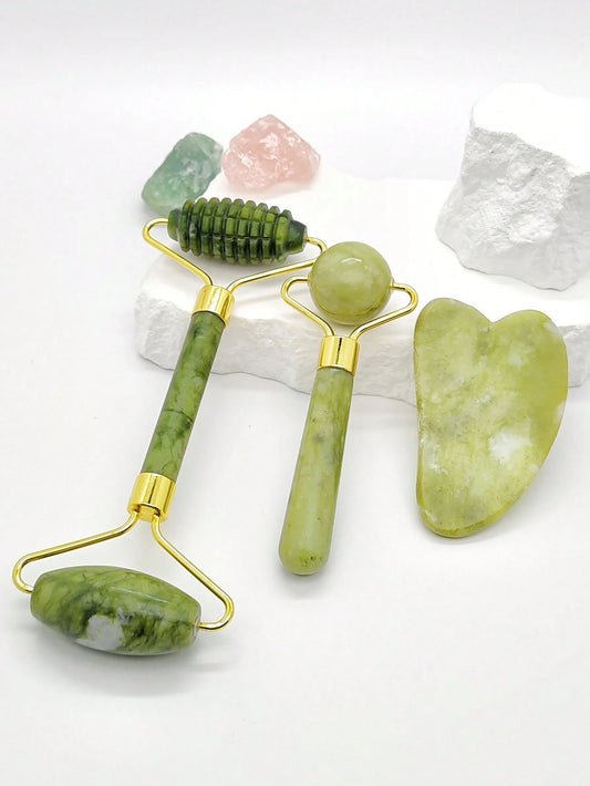 3pcs/Set Facial Massage Tool, 3-Piece Set Of Jade Roller Gua Sha, Natural Xiuyan Jade. Face Roller Massager, Scraping Tool, Jade Stone Massage Tool Anti-Aging, Restores Facial And Neck Vitality, Reduc
