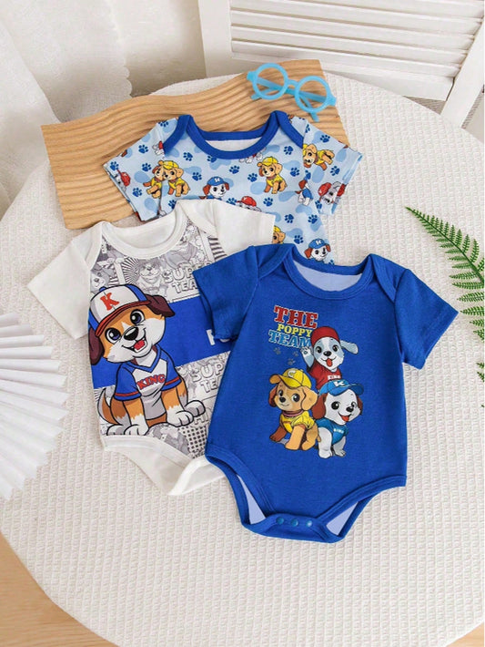 3pcs/Set Fashionable Infant Baby Boy Clothes, Round Neck Short Sleeve Loose Cute Puppy Pattern Newborn Bodysuit