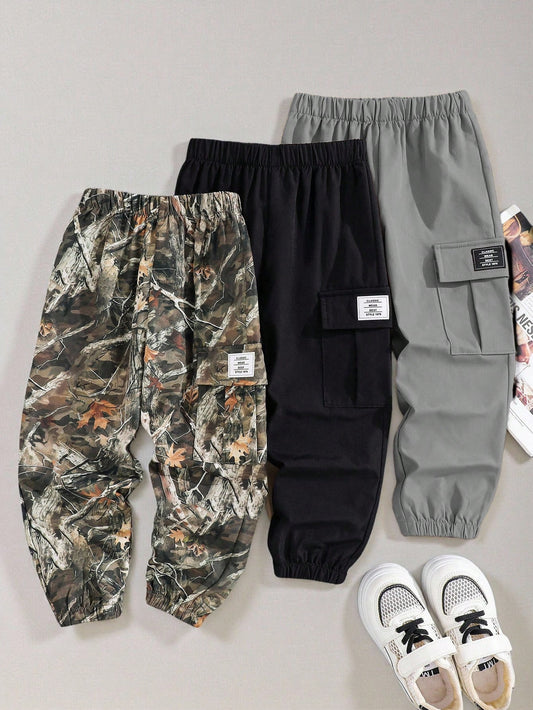 3pcs/Set Kids Boys' Loose Woven Long Autumn Winter Pants,Summer Back-To-School Casual Pocket Printed & Solid Pattern Comfortable Sports School