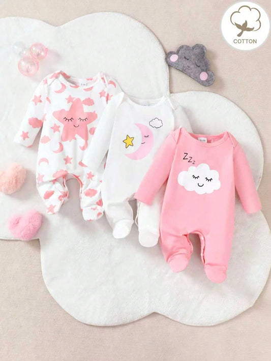 3pcs/Set Newborn Baby Girls Casual Star, Moon & Cloud Print Long Sleeve Jumpsuit Outfit