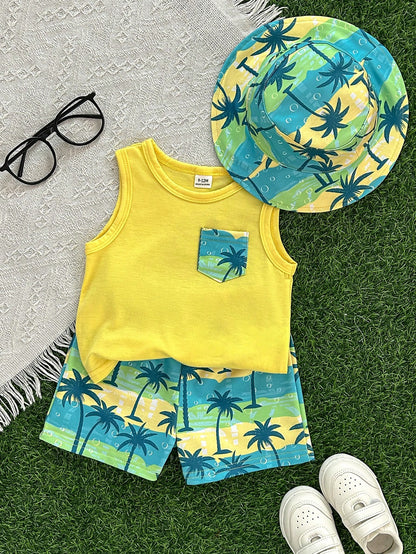 3pcs/Set Unisex Baby Boy/Girl Pastel Yellow Summer Casual Beach Holiday Tropical Plant Print Sleeveless Knit Top, Shorts And Sun Hat Outfit Set
