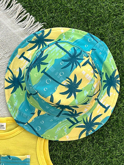 3pcs/Set Unisex Baby Boy/Girl Pastel Yellow Summer Casual Beach Holiday Tropical Plant Print Sleeveless Knit Top, Shorts And Sun Hat Outfit Set