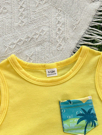 3pcs/Set Unisex Baby Boy/Girl Pastel Yellow Summer Casual Beach Holiday Tropical Plant Print Sleeveless Knit Top, Shorts And Sun Hat Outfit Set