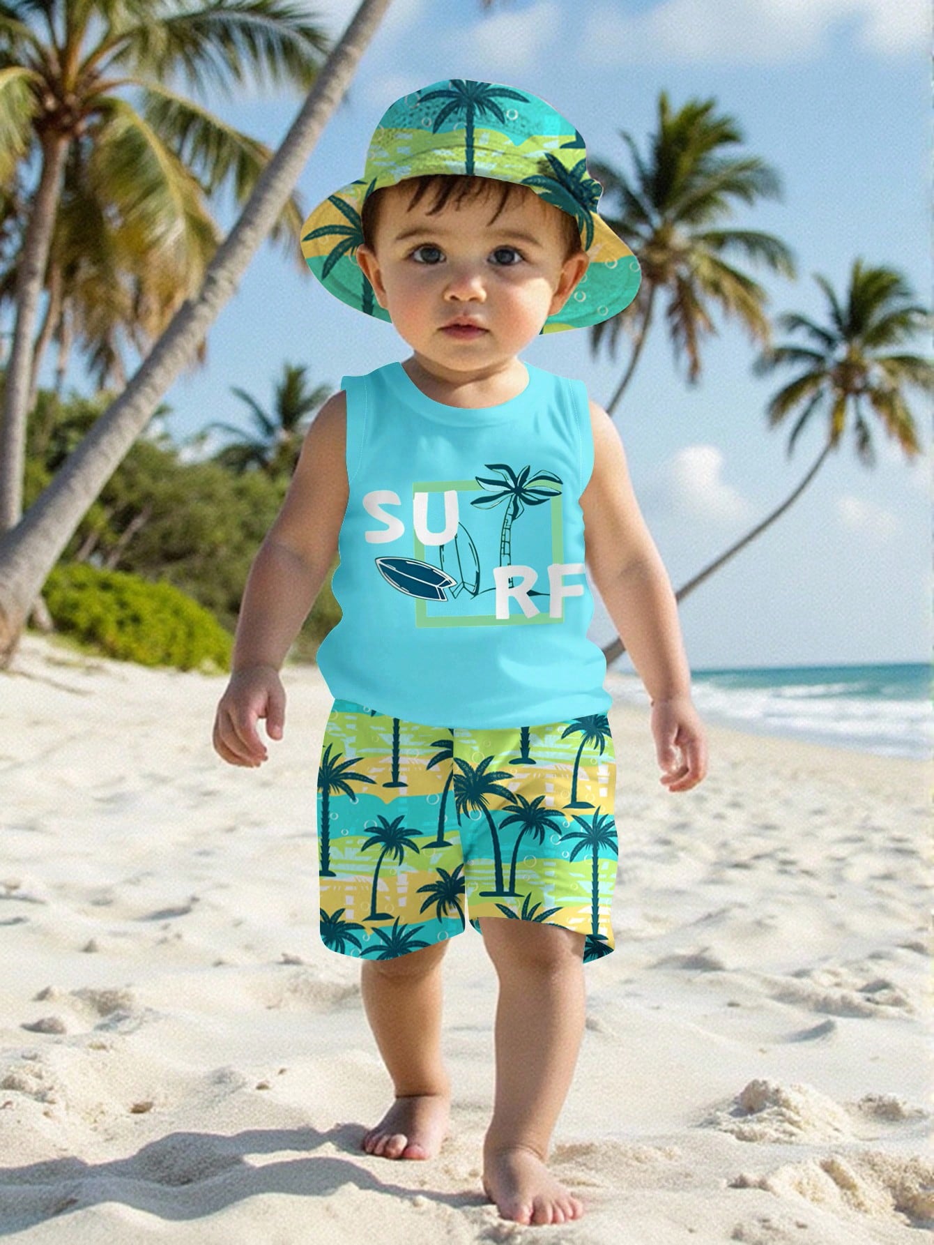 3pcs/Set Unisex Baby Boy/Girl Pastel Yellow Summer Casual Beach Holiday Tropical Plant Print Sleeveless Knit Top, Shorts And Sun Hat Outfit Set