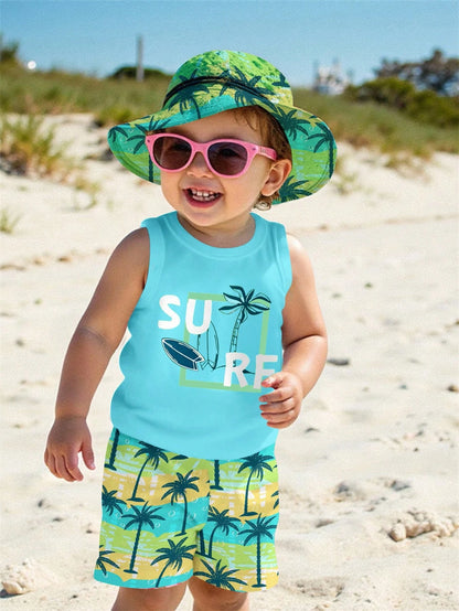 3pcs/Set Unisex Baby Boy/Girl Pastel Yellow Summer Casual Beach Holiday Tropical Plant Print Sleeveless Knit Top, Shorts And Sun Hat Outfit Set