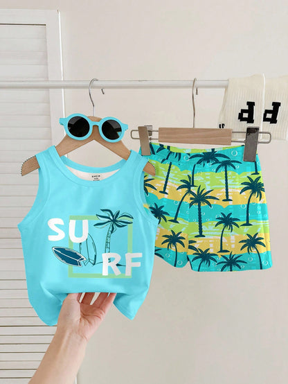 3pcs/Set Unisex Baby Boy/Girl Pastel Yellow Summer Casual Beach Holiday Tropical Plant Print Sleeveless Knit Top, Shorts And Sun Hat Outfit Set