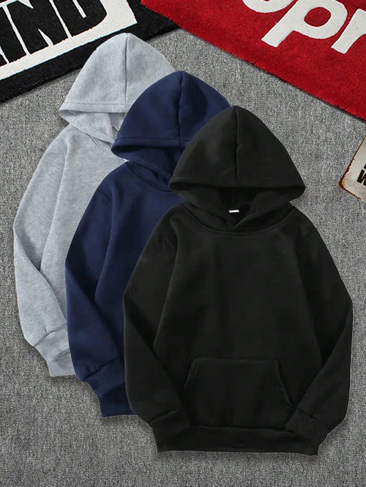 3pcs Teen Boy Casual Solid Color Minimalist Versatile Pullover Sweatshirts With Kangaroo Pouch, Spring Autumn Sweatshirt