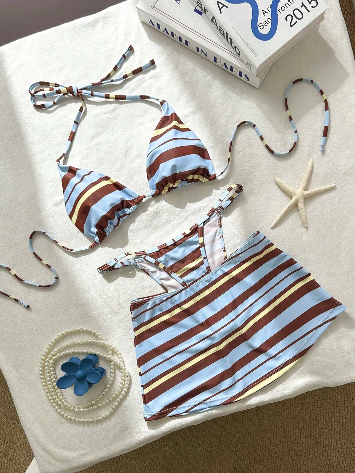 3pcs Women's Bikini Swimsuit Set With Striped Print, Blue And Yellow Mini Skirt, Beach Cover-Up, Summer Vacation Casual Wear, Suitable For Vacation, Date, Afternoon Tea, Music Festival, Outing, Back T