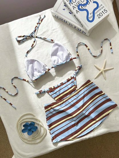 3pcs Women's Bikini Swimsuit Set With Striped Print, Blue And Yellow Mini Skirt, Beach Cover-Up, Summer Vacation Casual Wear, Suitable For Vacation, Date, Afternoon Tea, Music Festival, Outing, Back T